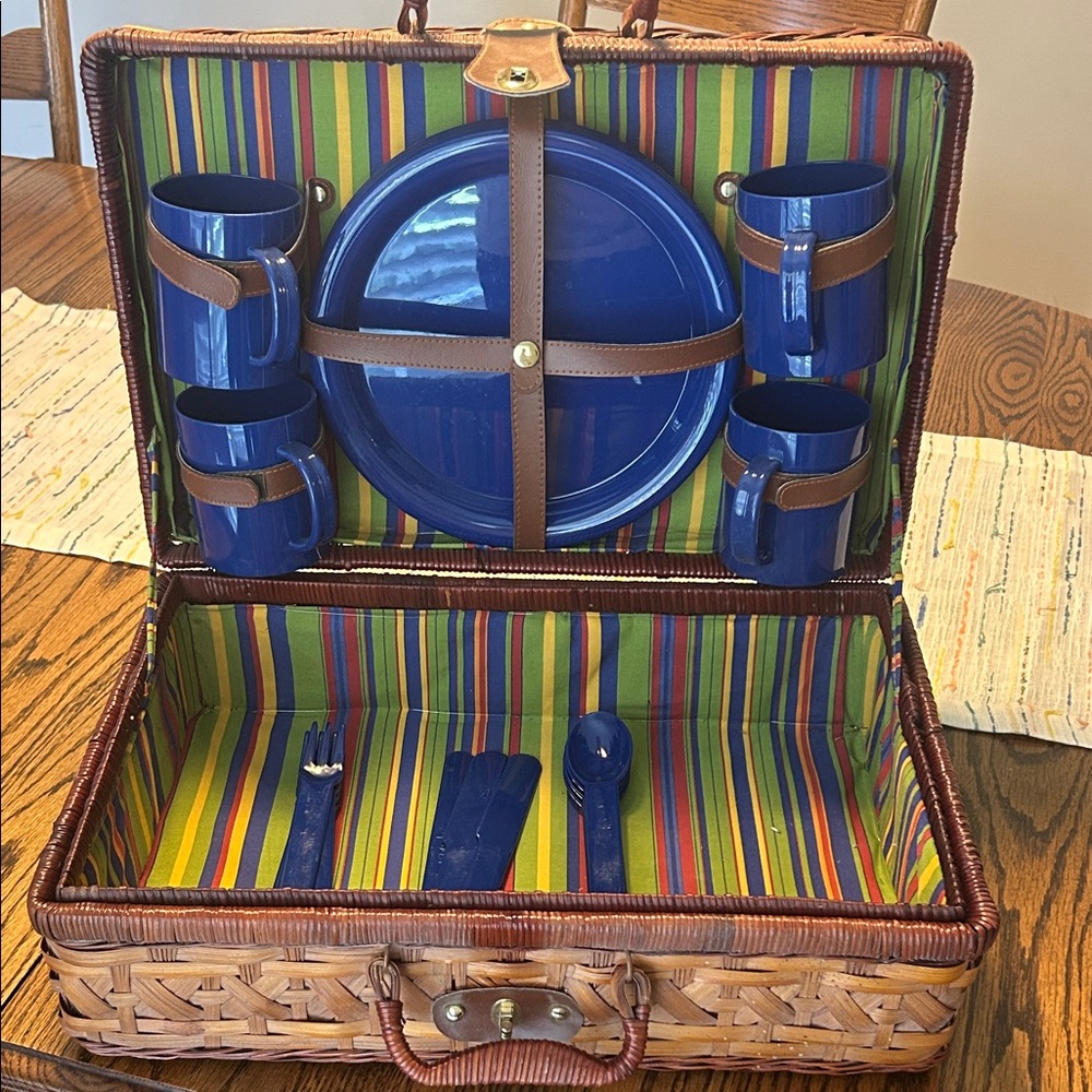 Blue Melamine Picnic Set with Wicker Basket